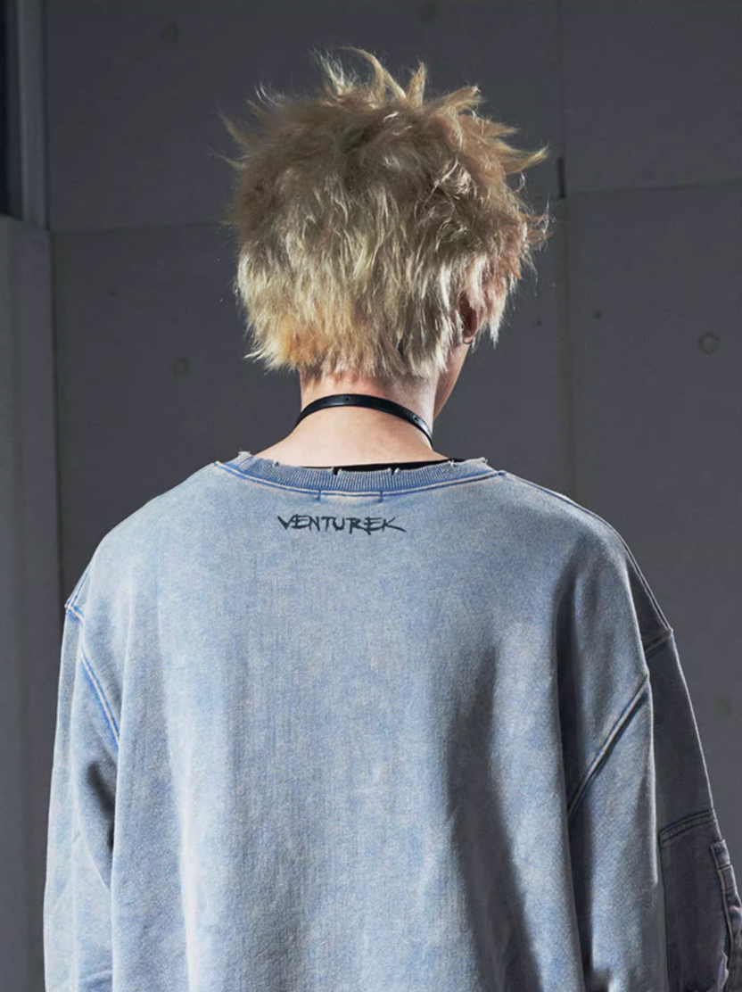 VENTUREK Washed Destruction Printed Sweatshirt