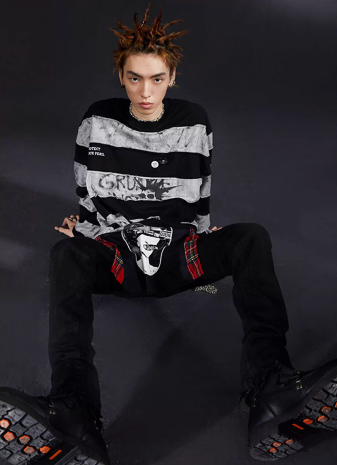 VENTUREK Black Gray Patchwork Long Sleeve Tee