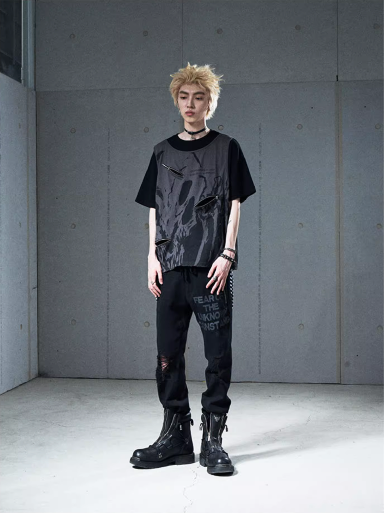 VENTUREK Double Layer Multi Zipper Destroyed Tee