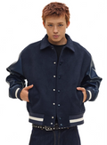 NOVACAM Navy Blue Short Basic Varsity Jacket