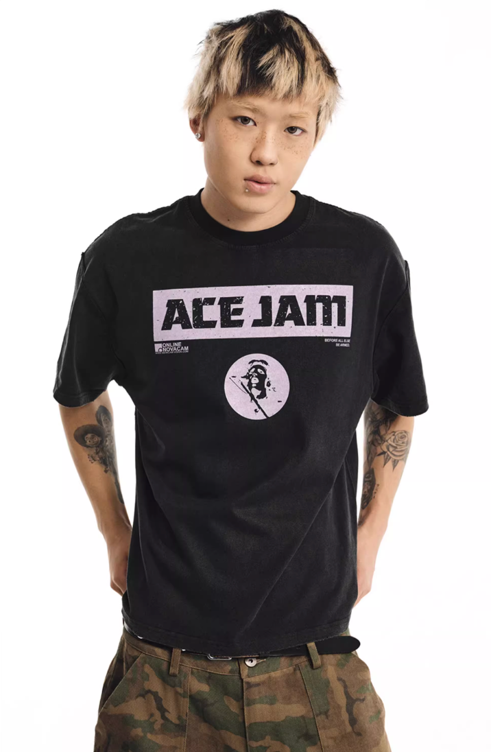 NOVACAM ACE JAM Vintage Washed Black Stitch Tee