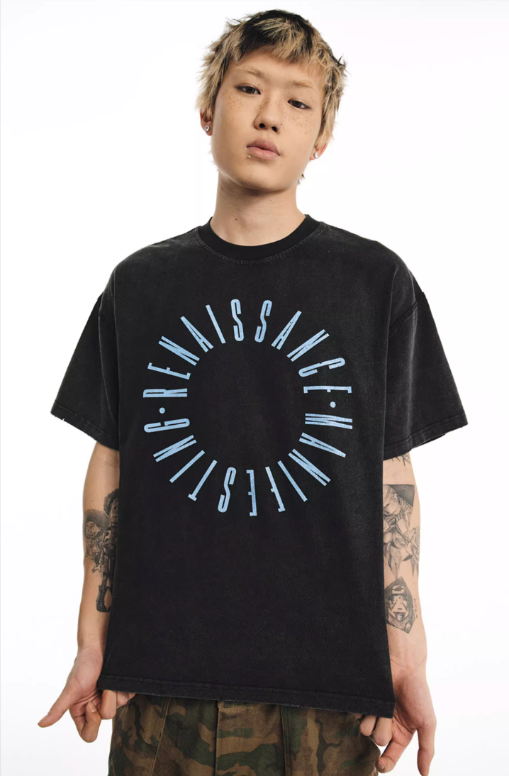 NOVACAM Circle Letter Vintage Washed Black Stitch Tee