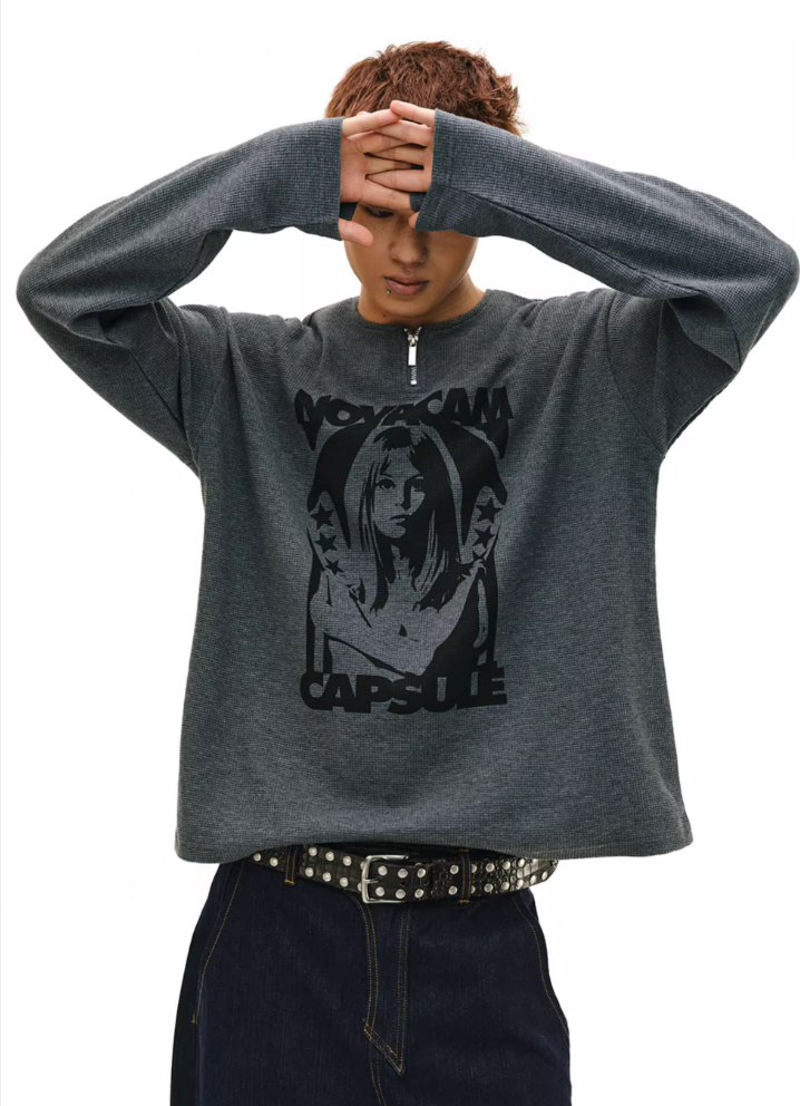 NOVACAM Waffle Vintage Print Zip Long Sleeve Tee