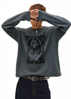 NOVACAM Waffle Vintage Print Zip Long Sleeve Tee