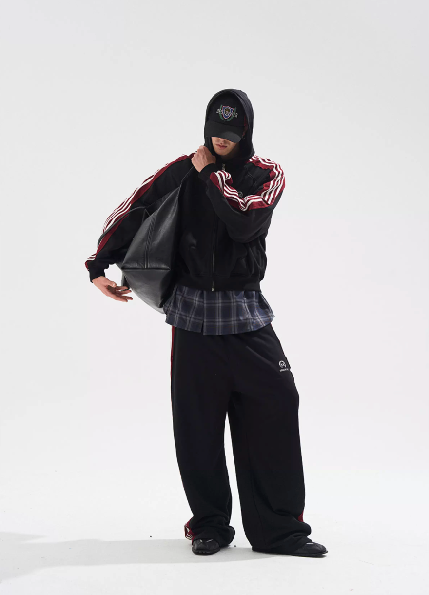 BLIND NO PLAN Striped Hooded Zip Up Sweatshirt Jacket