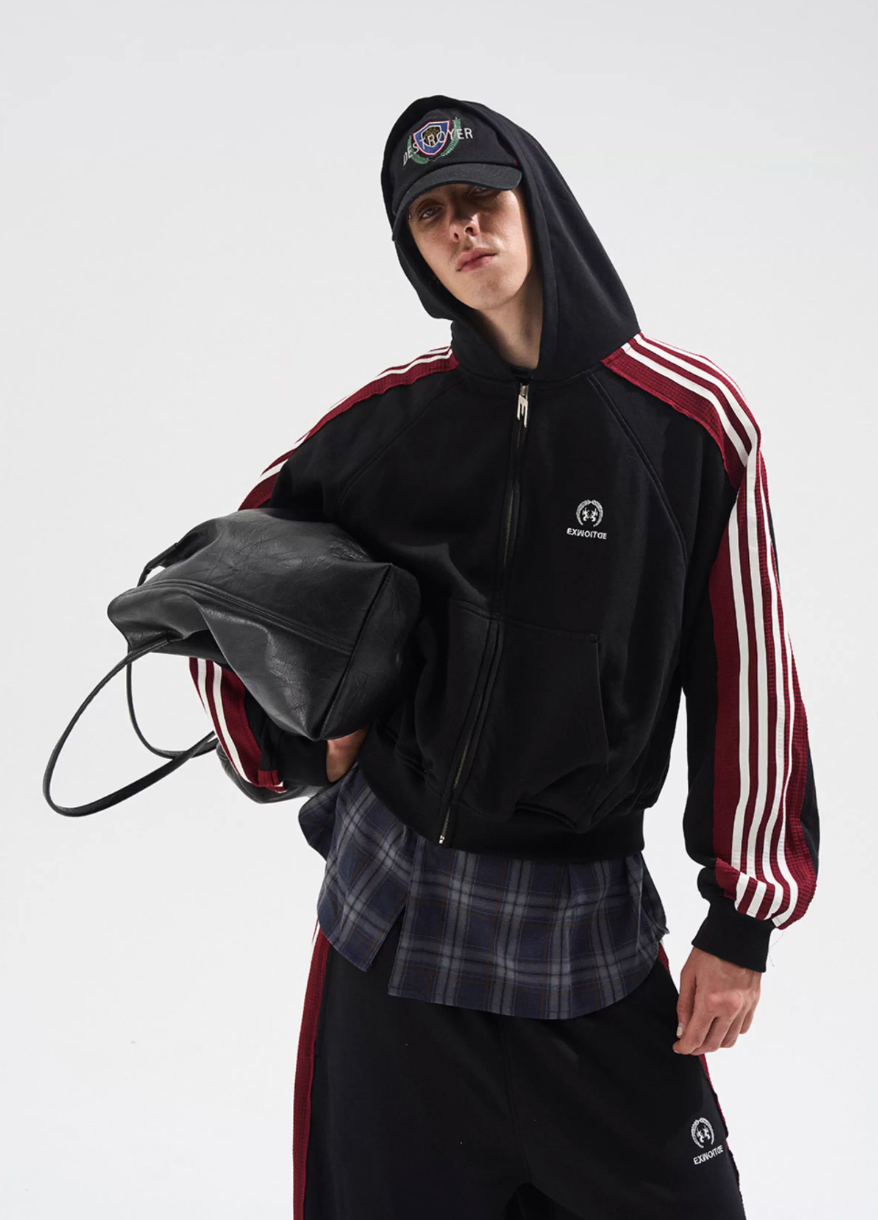 BLIND NO PLAN Striped Hooded Zip Up Sweatshirt Jacket