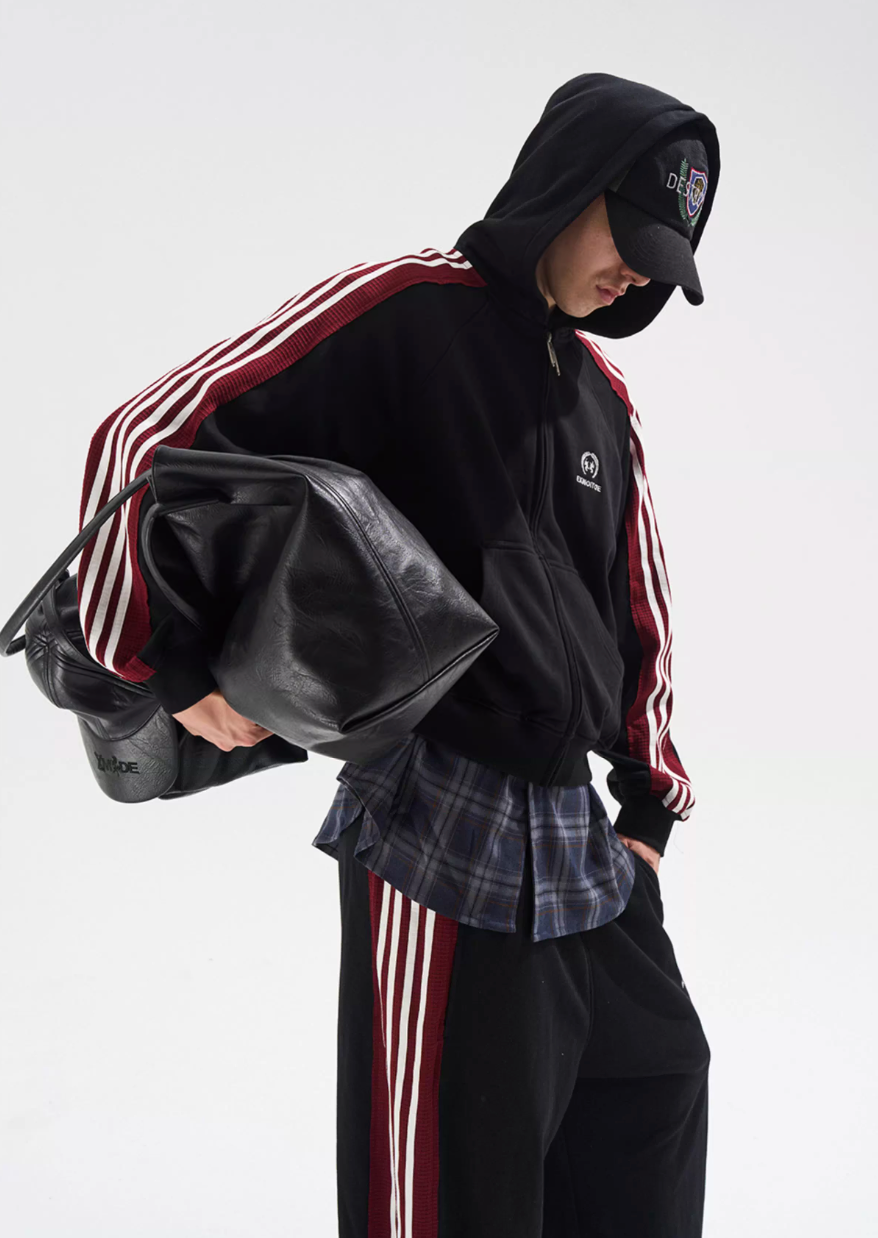 BLIND NO PLAN Striped Hooded Zip Up Sweatshirt Jacket