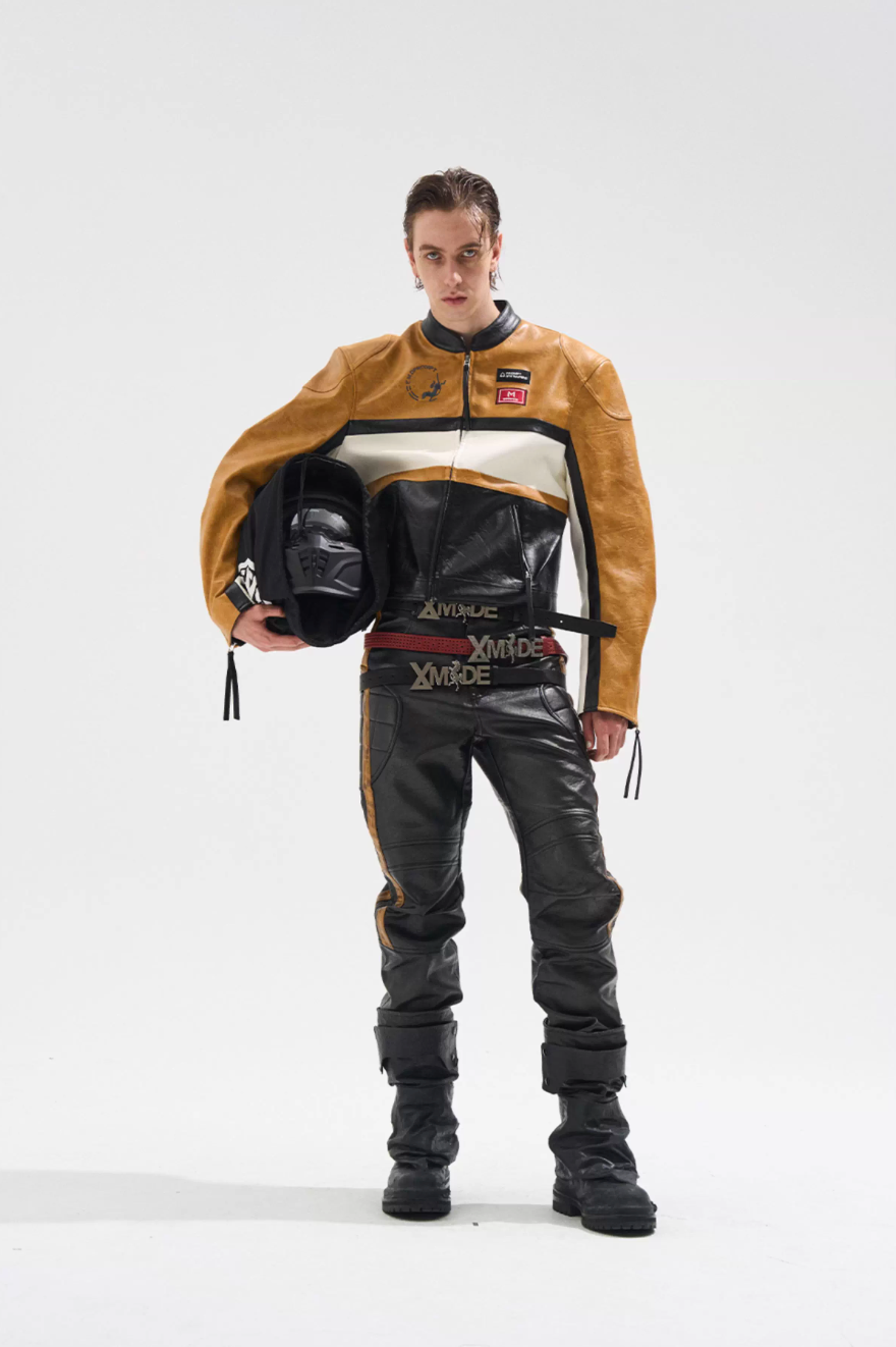 BLIND NO PLAN Color Block Short Racing Leather Jacket