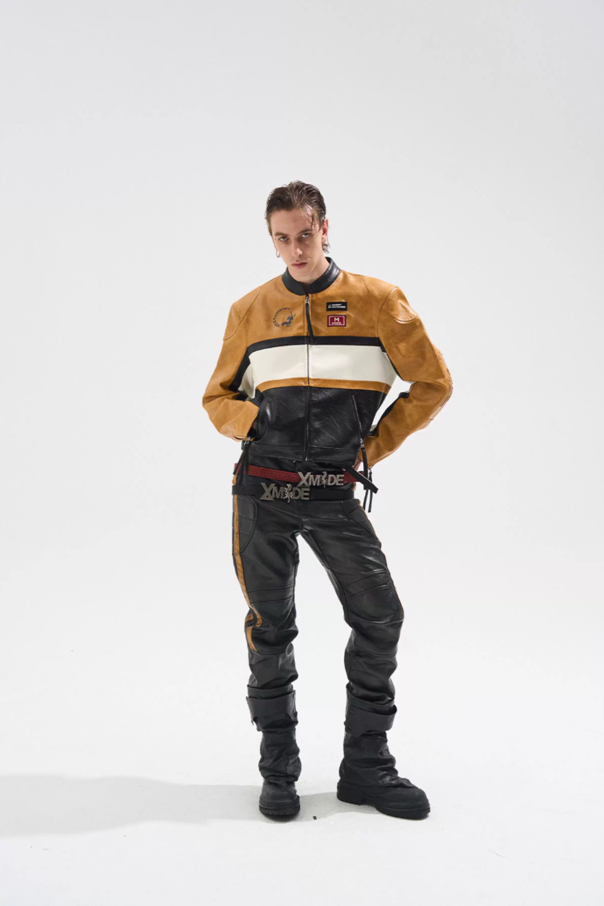BLIND NO PLAN Color Block Short Racing Leather Jacket