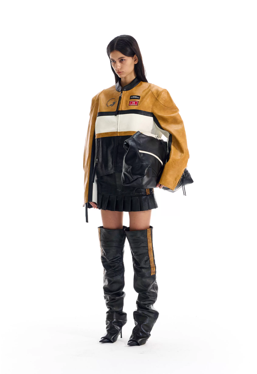 BLIND NO PLAN Color Block Short Racing Leather Jacket