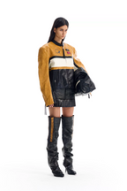 BLIND NO PLAN Color Block Short Racing Leather Jacket