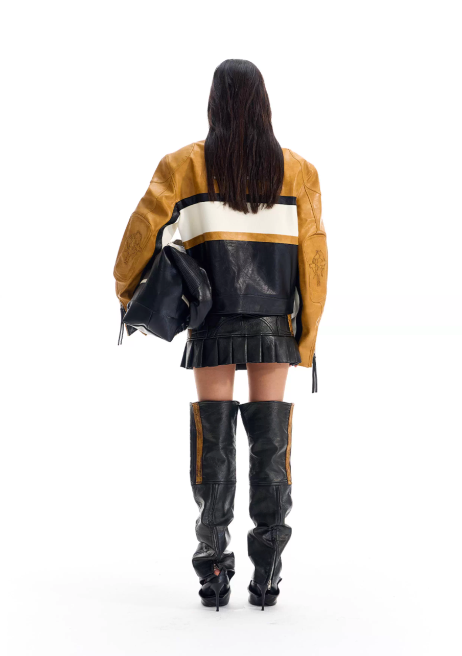 BLIND NO PLAN Color Block Short Racing Leather Jacket