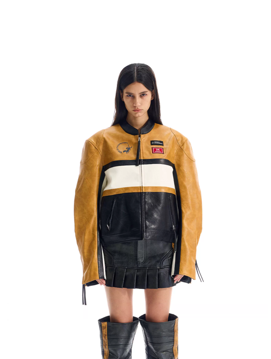 BLIND NO PLAN Color Block Short Racing Leather Jacket