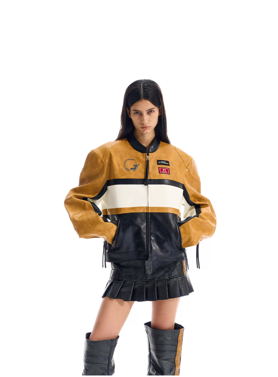 BLIND NO PLAN Color Block Short Racing Leather Jacket