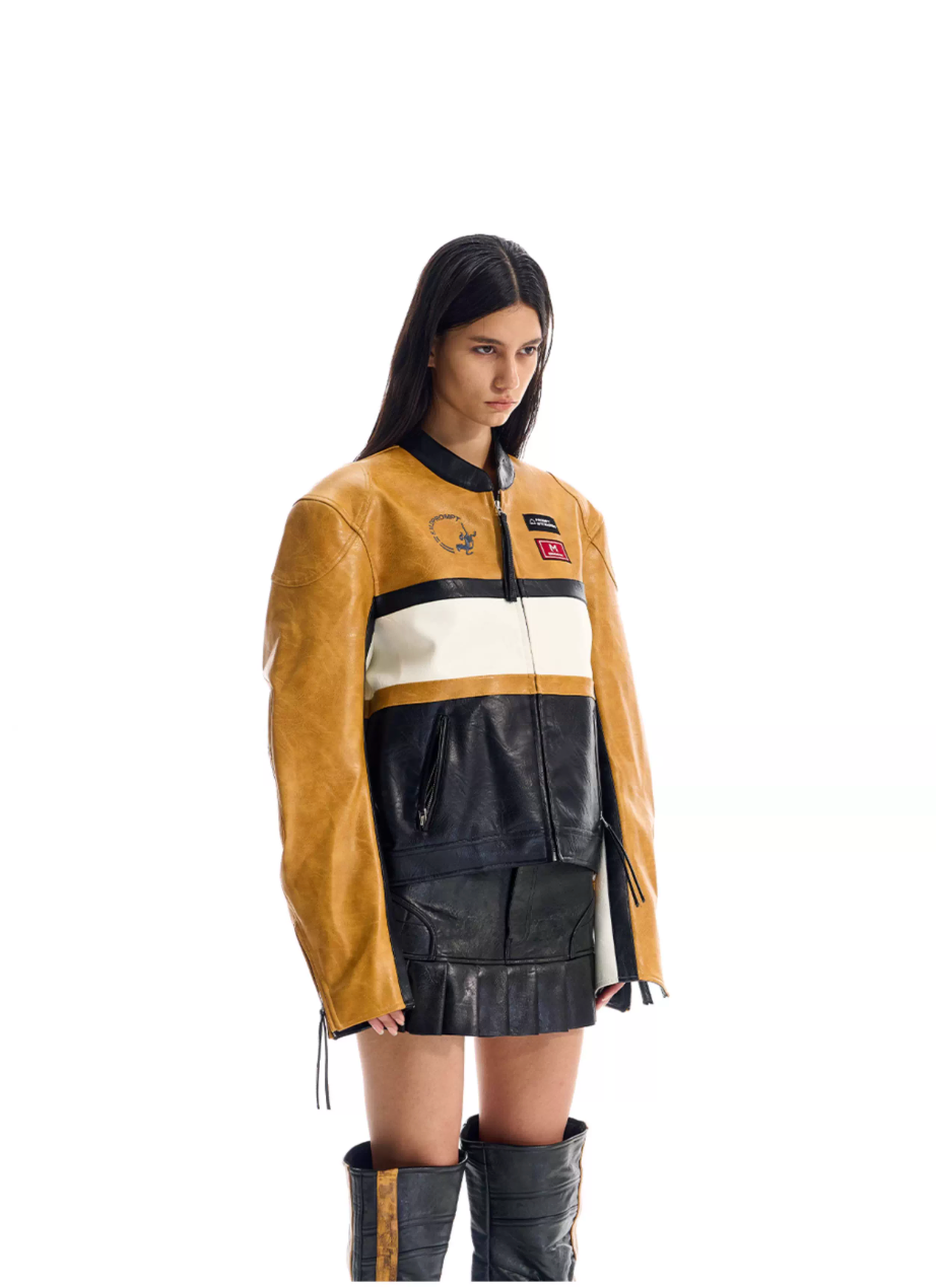 BLIND NO PLAN Color Block Short Racing Leather Jacket