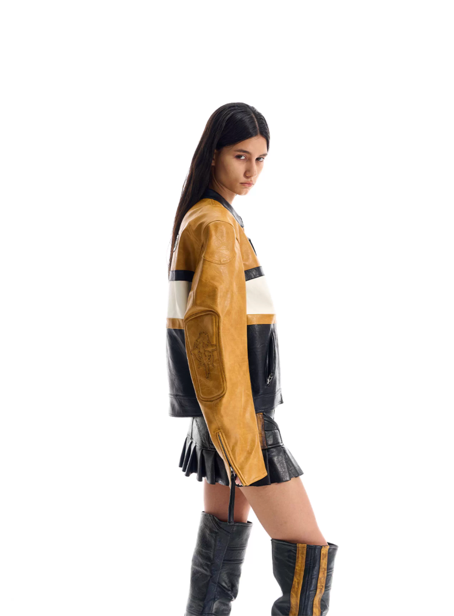 BLIND NO PLAN Color Block Short Racing Leather Jacket