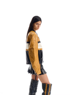 BLIND NO PLAN Color Block Short Racing Leather Jacket
