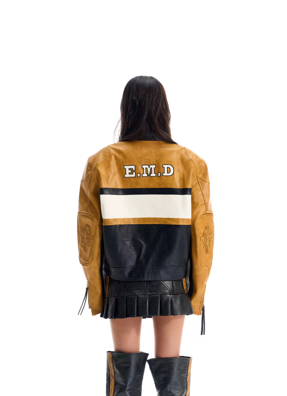 BLIND NO PLAN Color Block Short Racing Leather Jacket