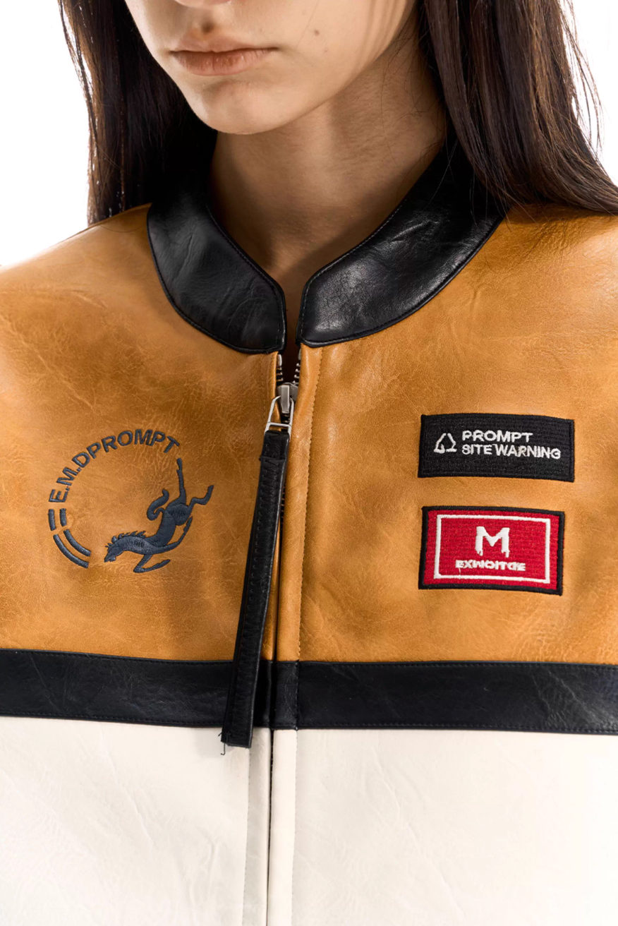 BLIND NO PLAN Color Block Short Racing Leather Jacket