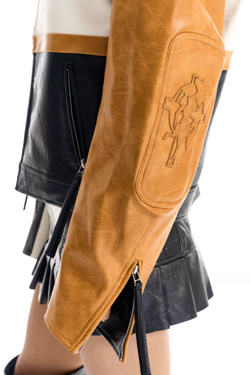 BLIND NO PLAN Color Block Short Racing Leather Jacket