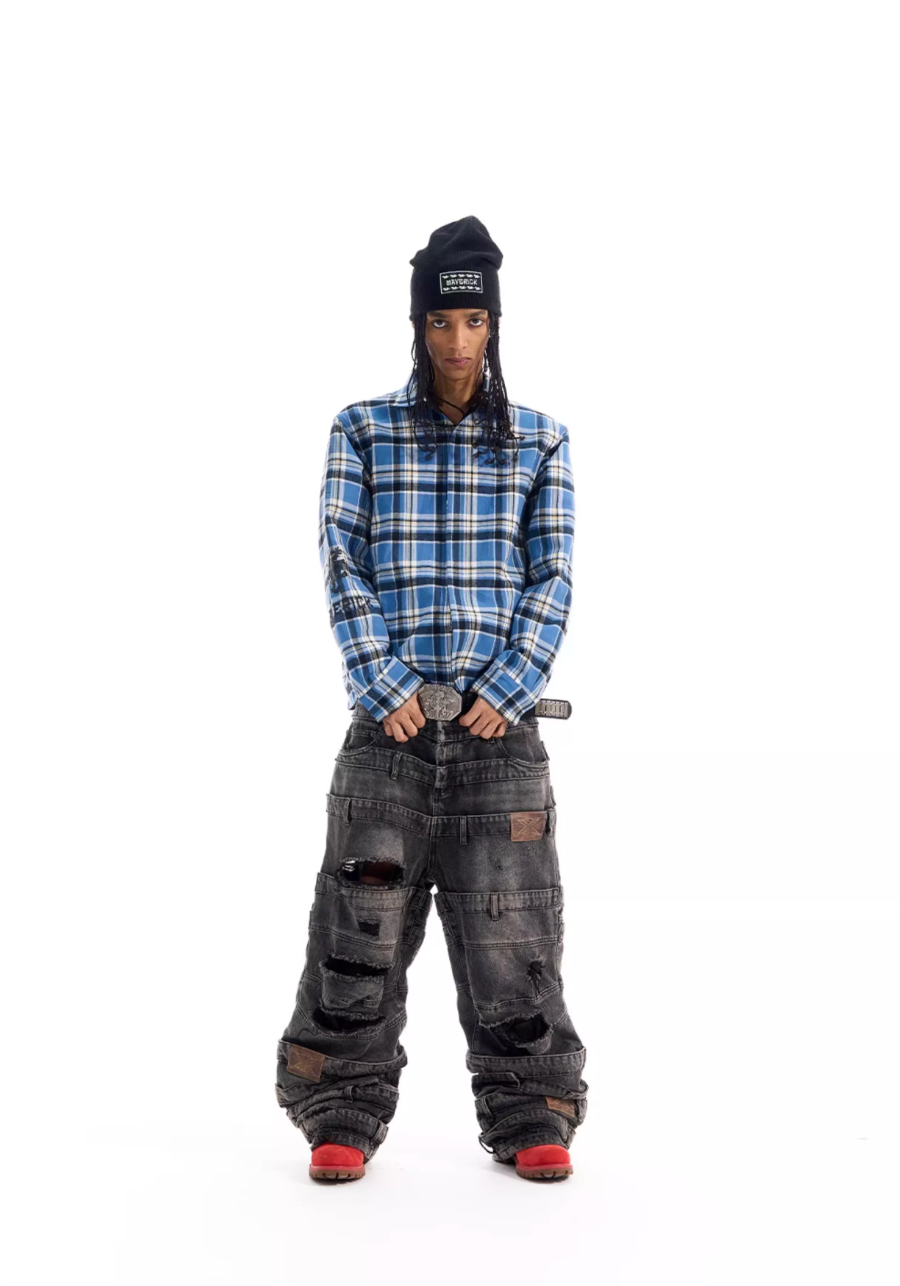 BLIND NO PLAN Reversible Plaid Long Sleeve Shirt Jacket