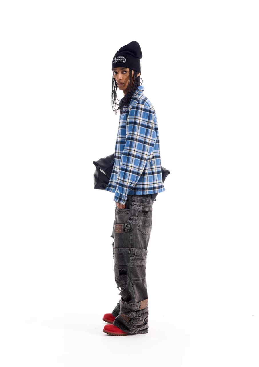 BLIND NO PLAN Reversible Plaid Long Sleeve Shirt Jacket