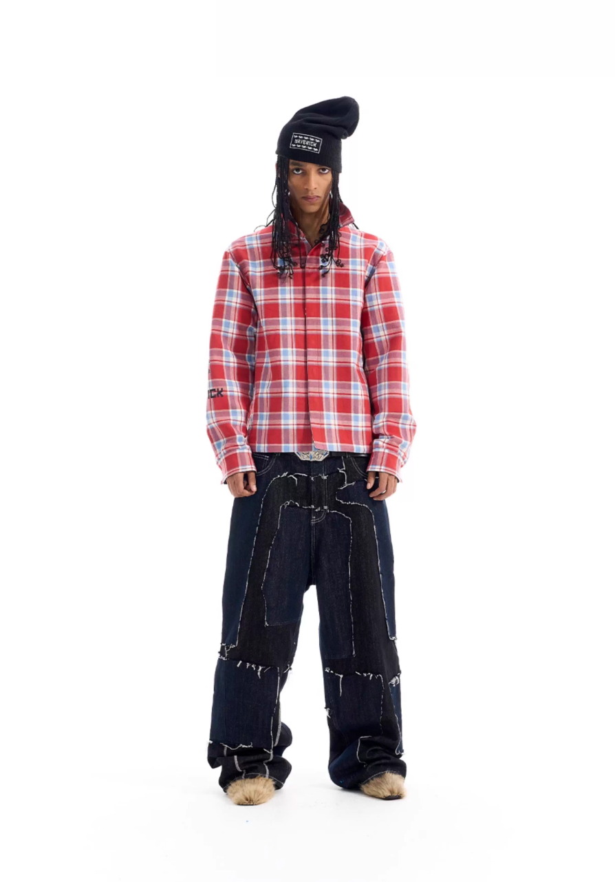 BLIND NO PLAN Reversible Plaid Long Sleeve Shirt Jacket