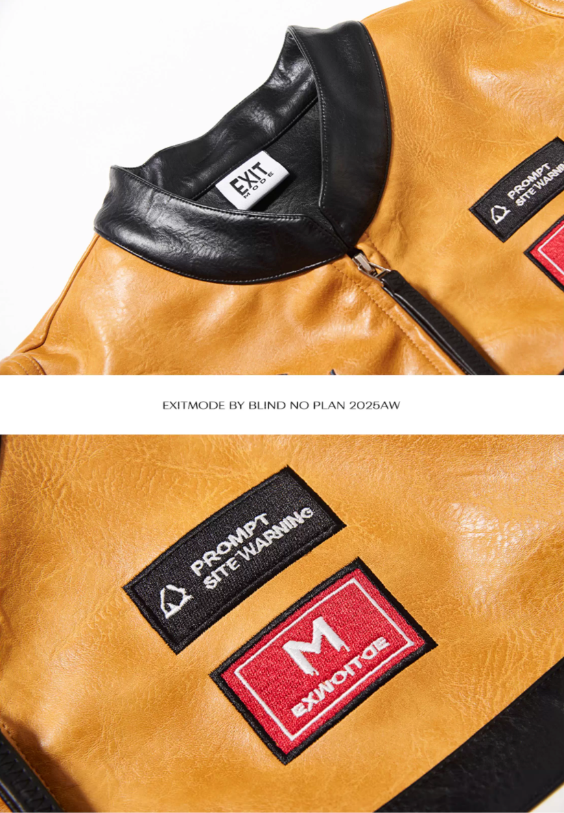 BLIND NO PLAN Color Block Short Racing Leather Jacket