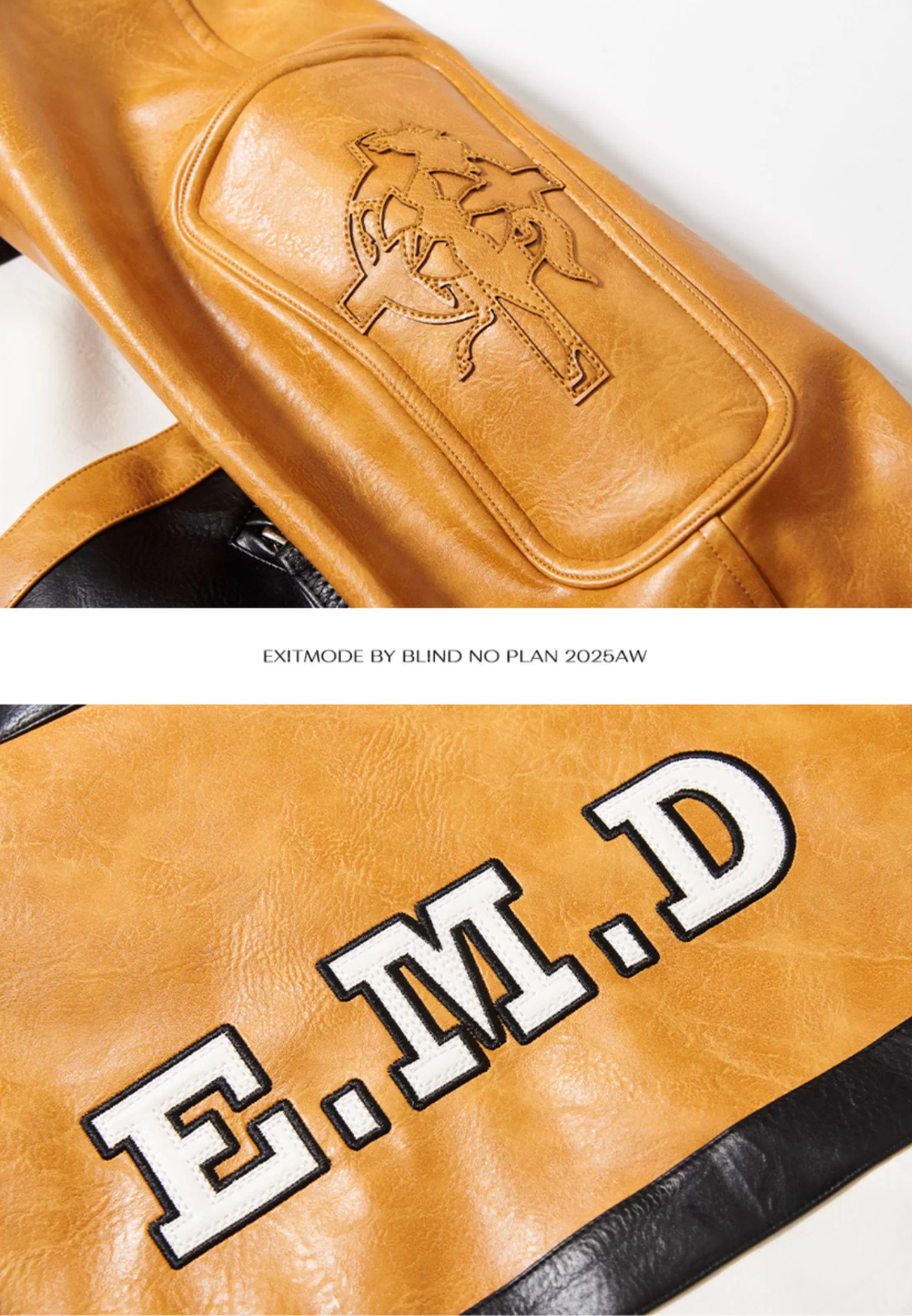 BLIND NO PLAN Color Block Short Racing Leather Jacket