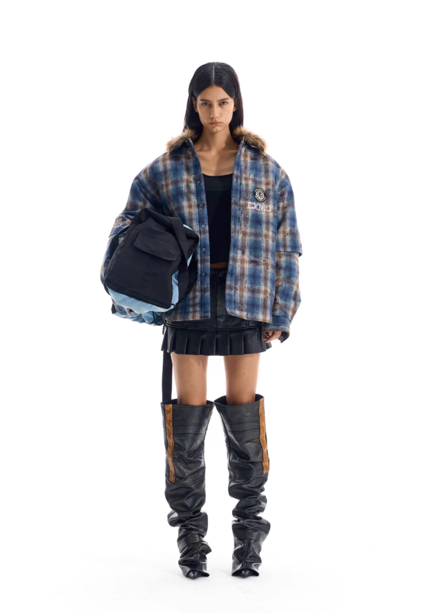BLIND NO PLAN Fur Collar Plaid Padded Shirt Jacket