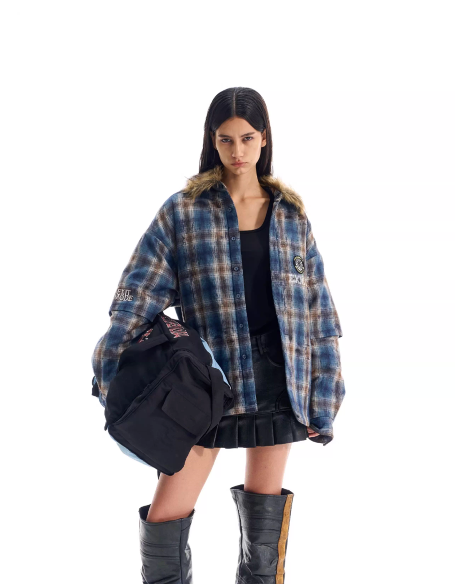 BLIND NO PLAN Fur Collar Plaid Padded Shirt Jacket
