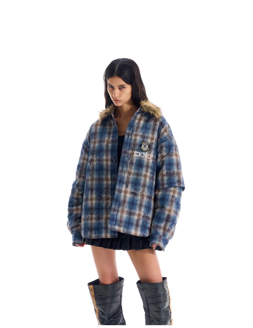 BLIND NO PLAN Fur Collar Plaid Padded Shirt Jacket