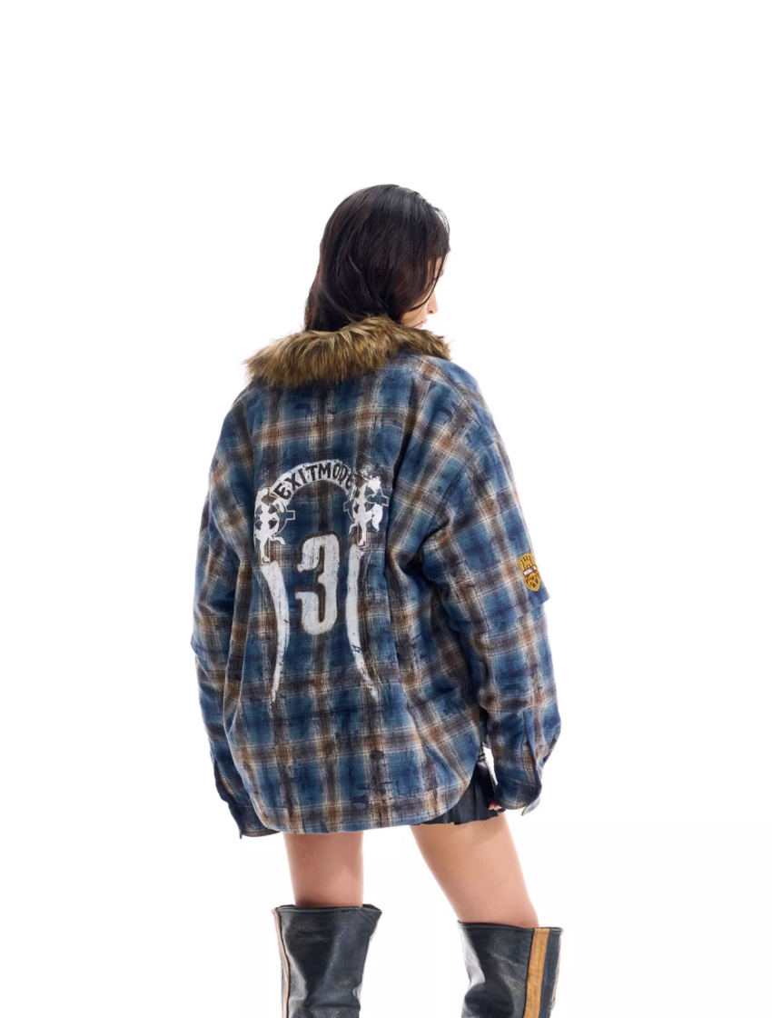BLIND NO PLAN Fur Collar Plaid Padded Shirt Jacket