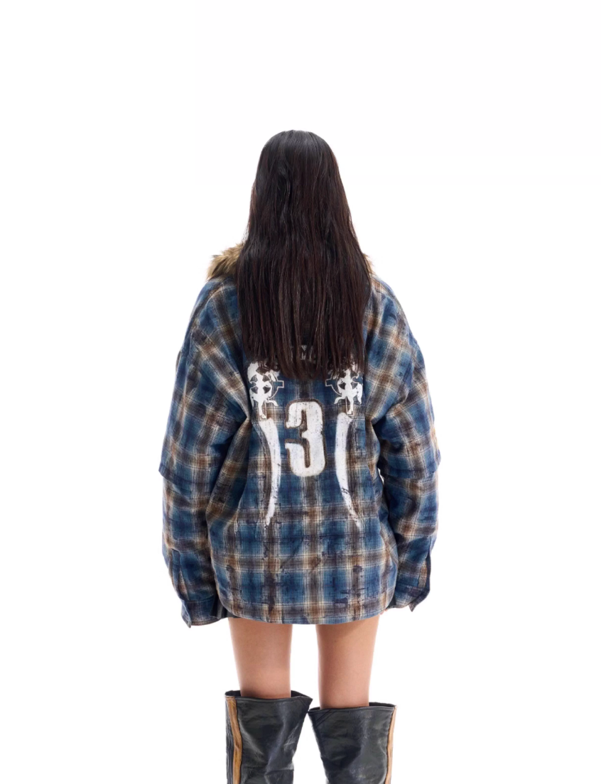 BLIND NO PLAN Fur Collar Plaid Padded Shirt Jacket