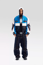 BLIND NO PLAN Color Block Embroidered Racing Leather Jacket