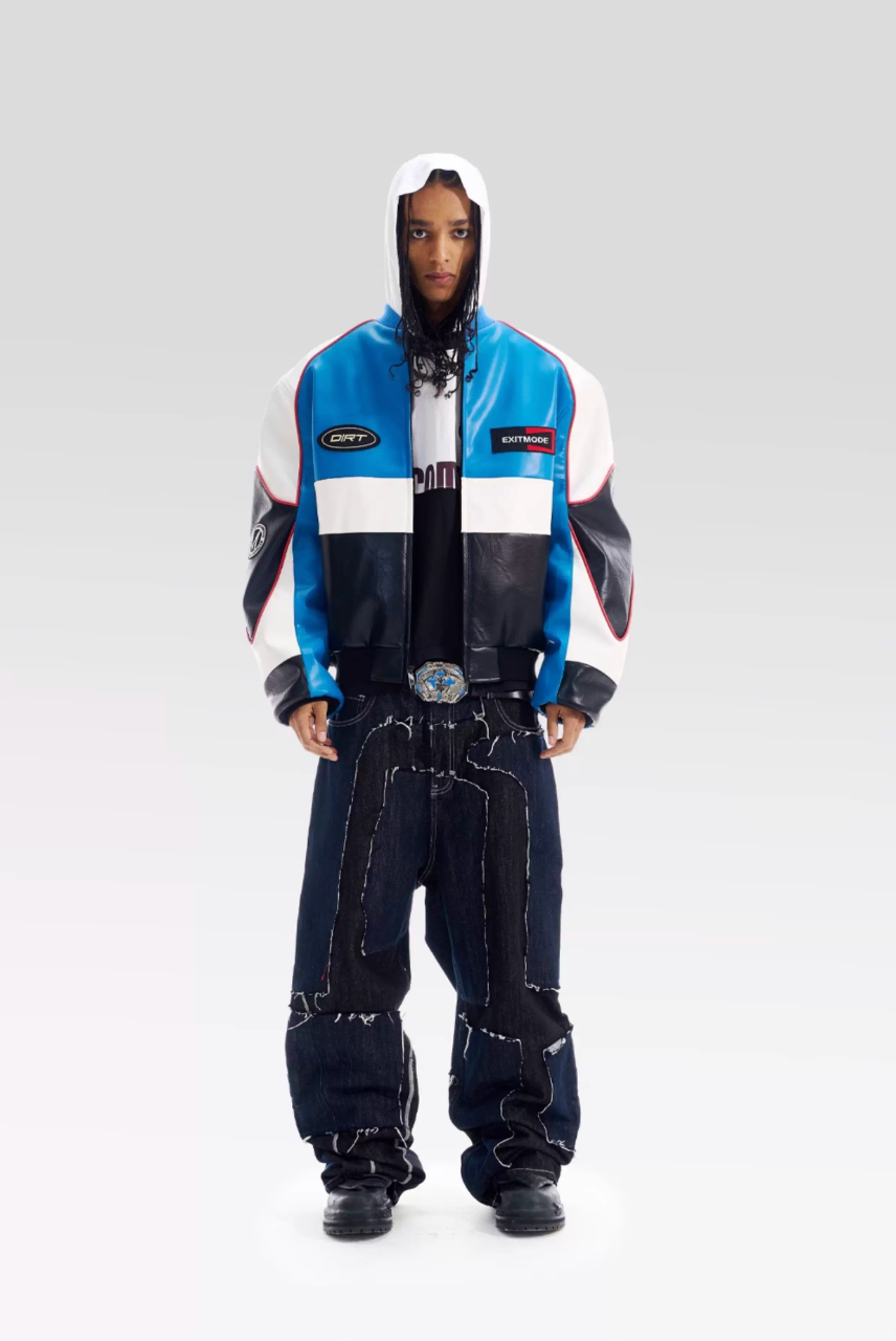 BLIND NO PLAN Color Block Embroidered Racing Leather Jacket
