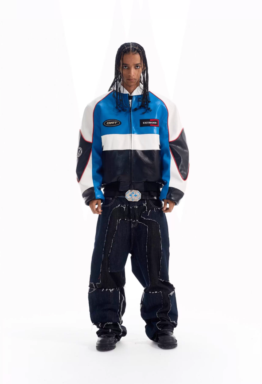 BLIND NO PLAN Color Block Embroidered Racing Leather Jacket