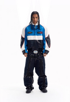 BLIND NO PLAN Color Block Embroidered Racing Leather Jacket