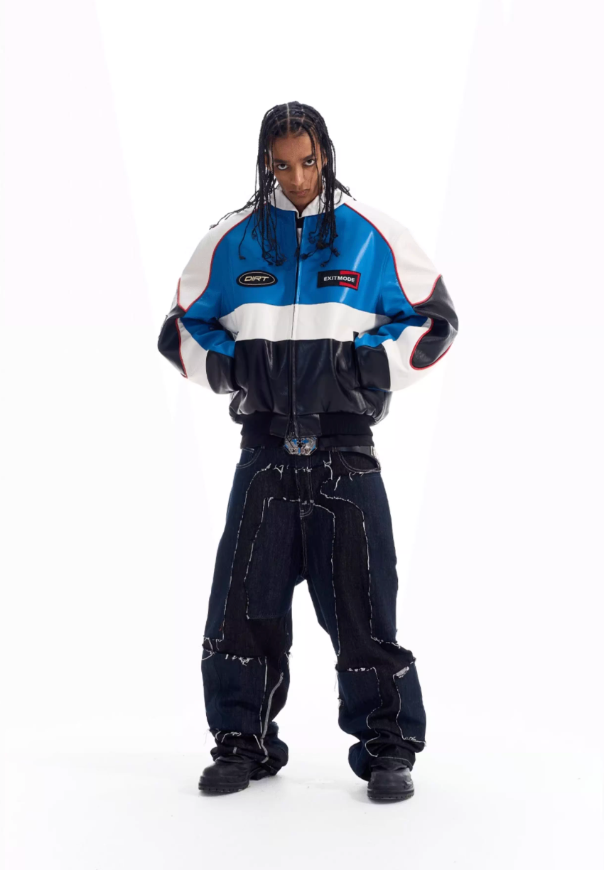 BLIND NO PLAN Color Block Embroidered Racing Leather Jacket