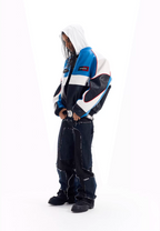 BLIND NO PLAN Color Block Embroidered Racing Leather Jacket