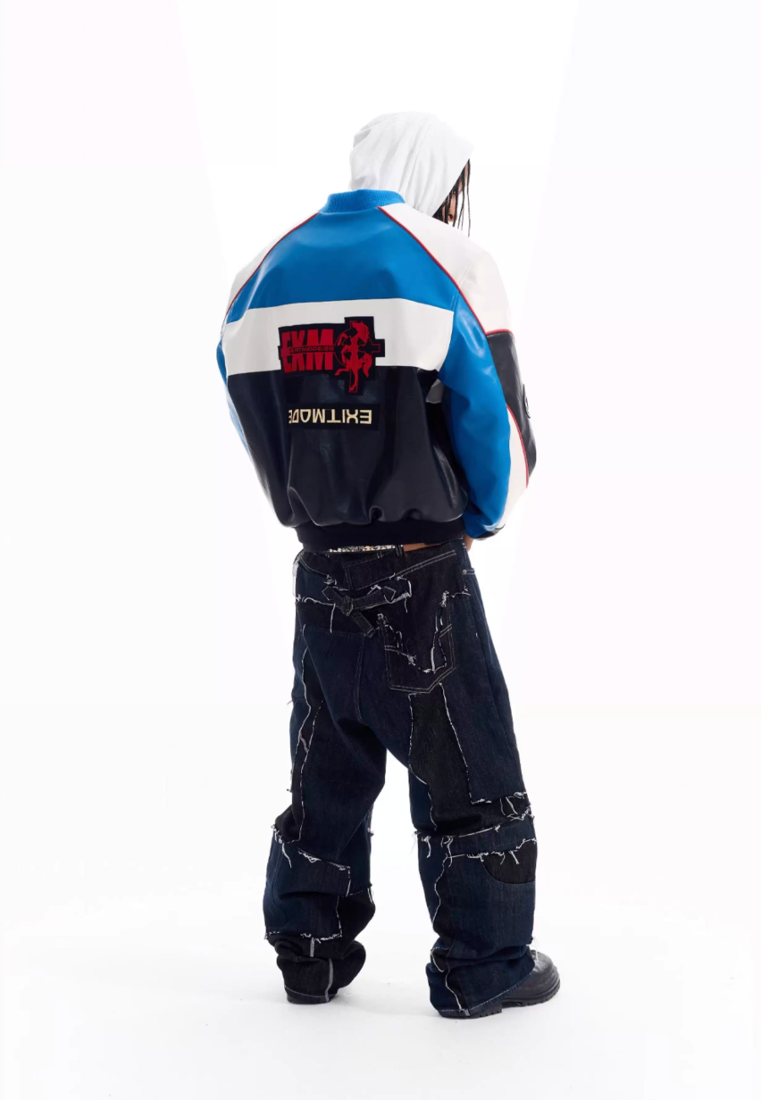 BLIND NO PLAN Color Block Embroidered Racing Leather Jacket