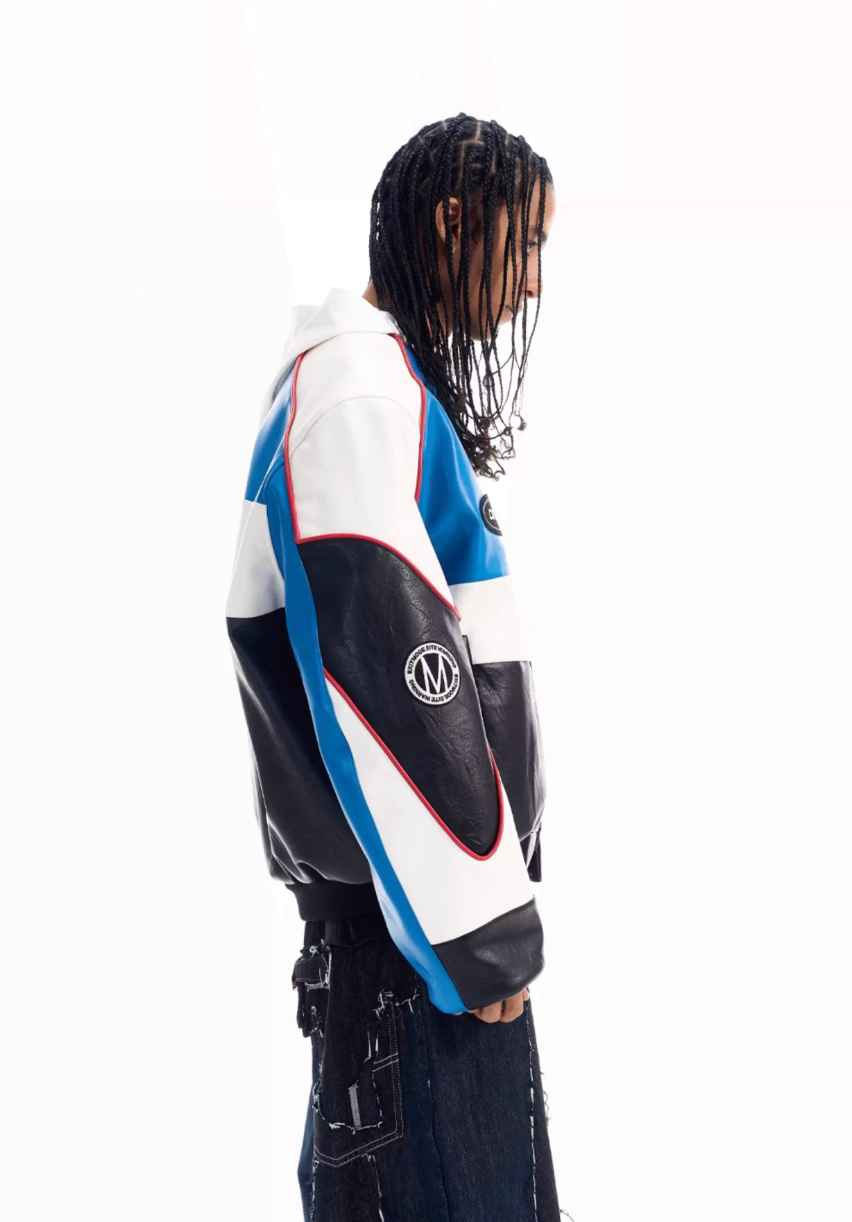 BLIND NO PLAN Color Block Embroidered Racing Leather Jacket