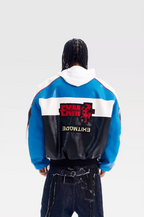 BLIND NO PLAN Color Block Embroidered Racing Leather Jacket