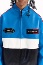 BLIND NO PLAN Color Block Embroidered Racing Leather Jacket