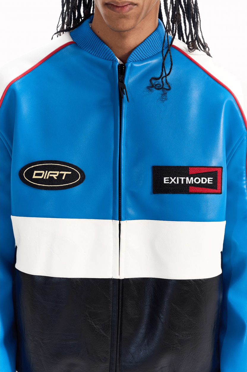 BLIND NO PLAN Color Block Embroidered Racing Leather Jacket