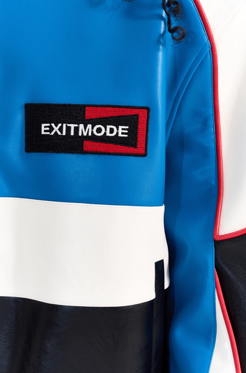 BLIND NO PLAN Color Block Embroidered Racing Leather Jacket