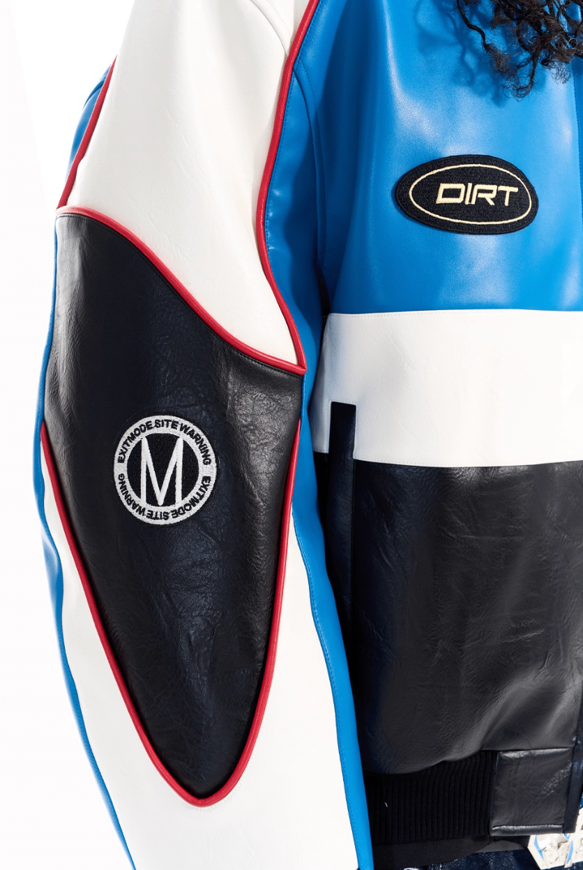 BLIND NO PLAN Color Block Embroidered Racing Leather Jacket