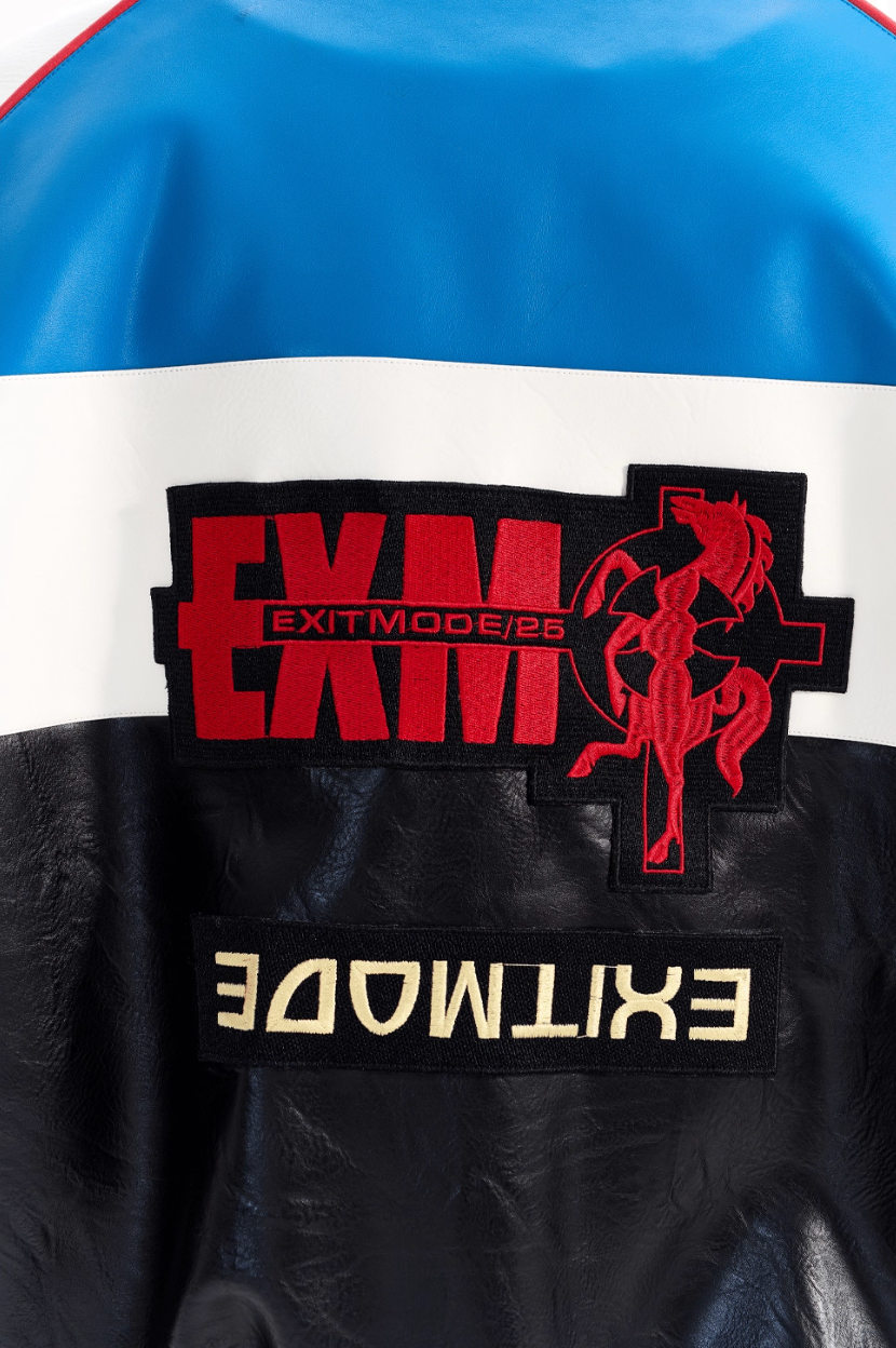 BLIND NO PLAN Color Block Embroidered Racing Leather Jacket