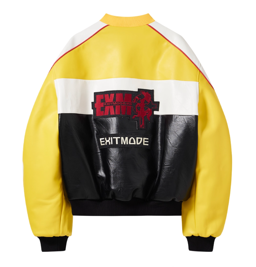 BLIND NO PLAN Color Block Embroidered Racing Leather Jacket