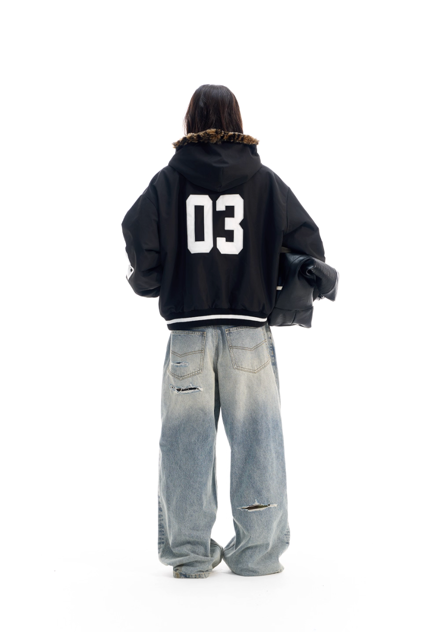 BLIND NO PLAN Reversible Leopard Fur Padded Bomber Jacket